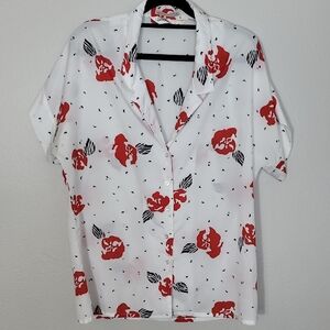 Diane Von Furstenberg Floral Rose Button Up Shirt Size 14/M/L Short Sleeve Y2K